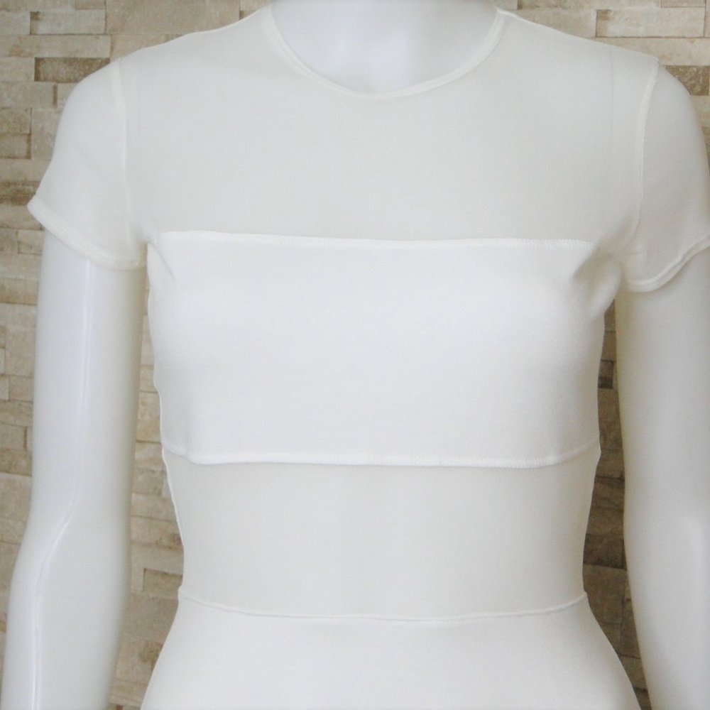 NWT White Fiona Ponte American Apparel Skater Dress Sheer Shoulders and Midrift - Picture 5 of 7